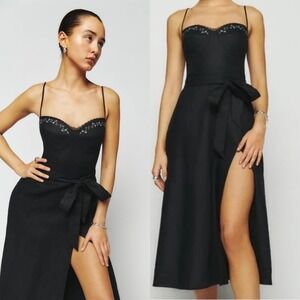 Reformation Kieryn Linen Midi Dress Black Floral Embroidered 4 NO BELT